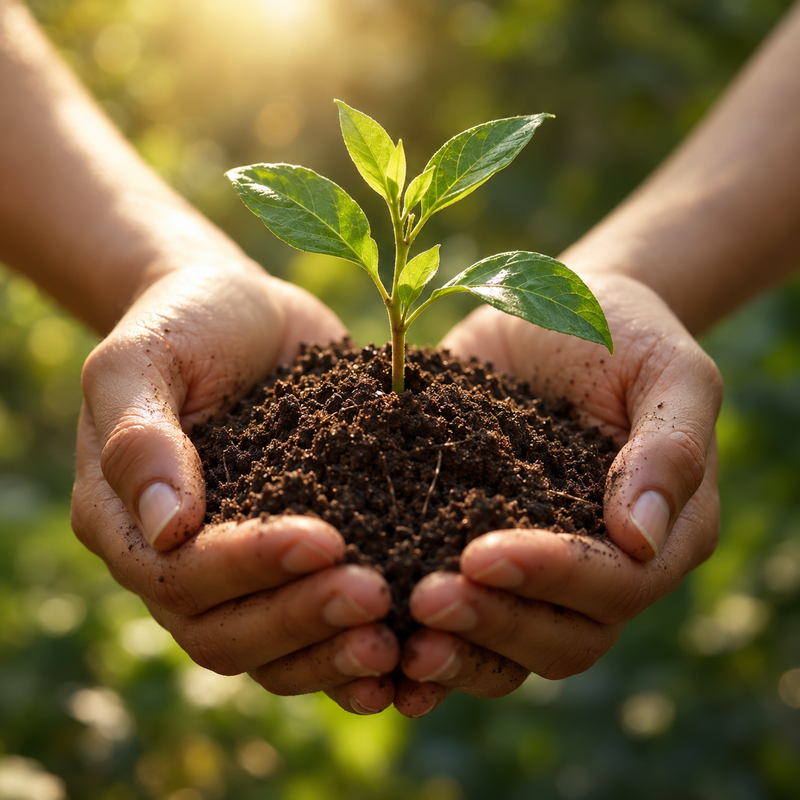Two hands holding a small green plant in rich soil, with a soft-focus outdoor garden background and warm sunlight.