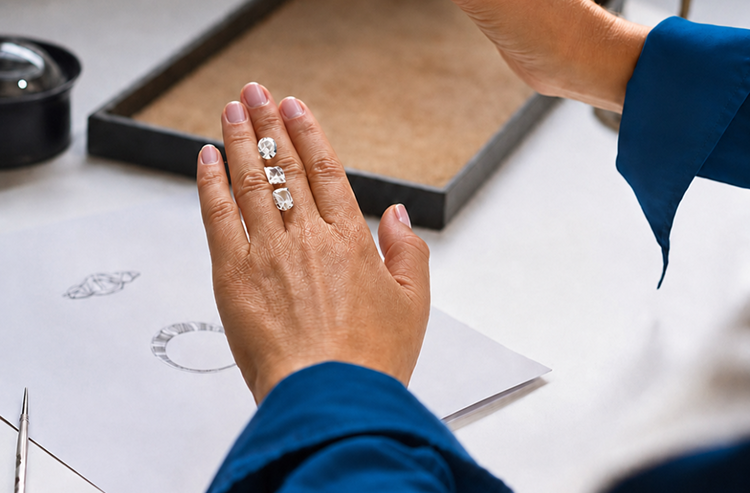 Hand displaying three loose diamonds beside jewelry design sketches