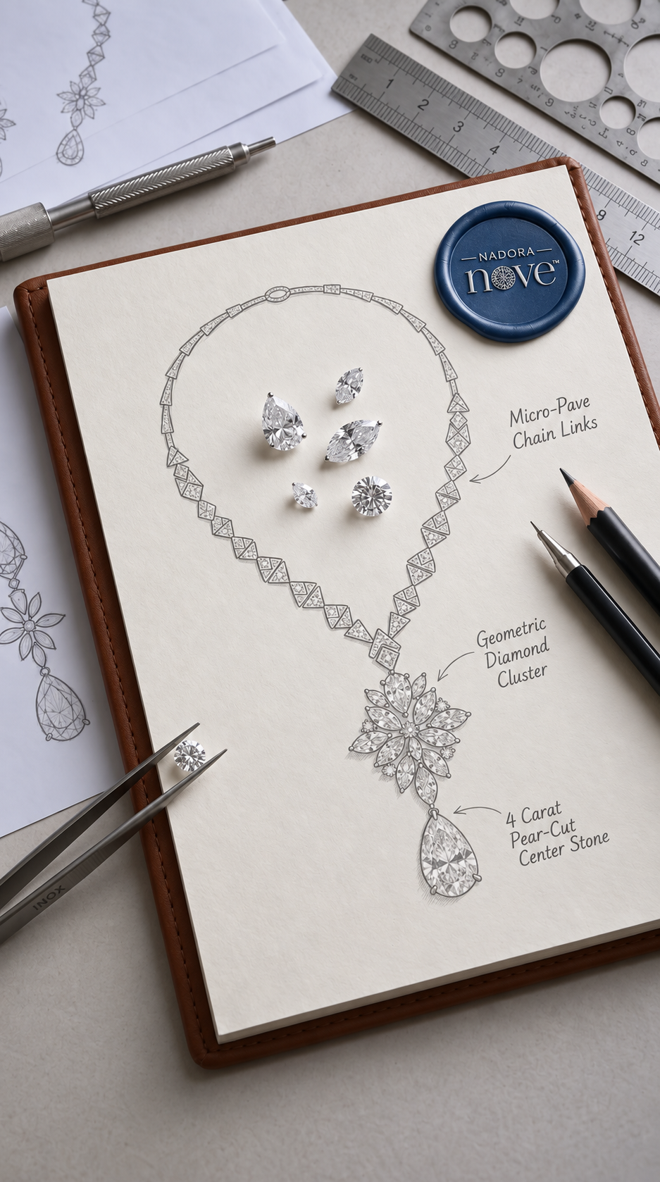 Necklace design sketch with loose diamonds and tweezers on a Nadora Nove sketchbook