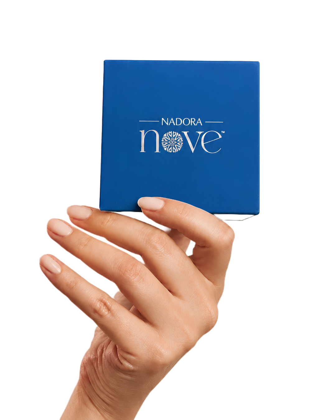 Hand holding a blue Nadora Nove gift box