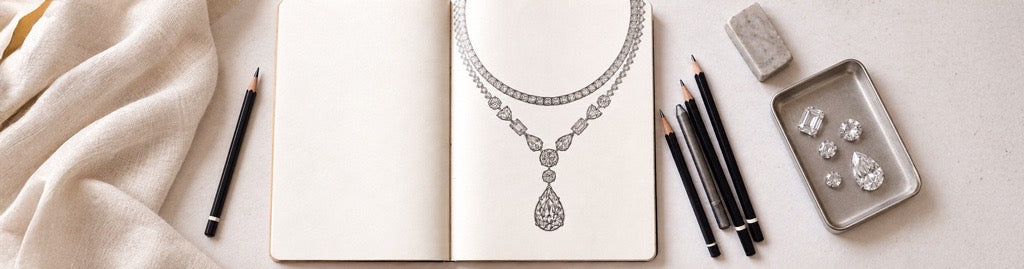 Sketchbook with a layered diamond necklace drawing beside pencils and loose gemstones