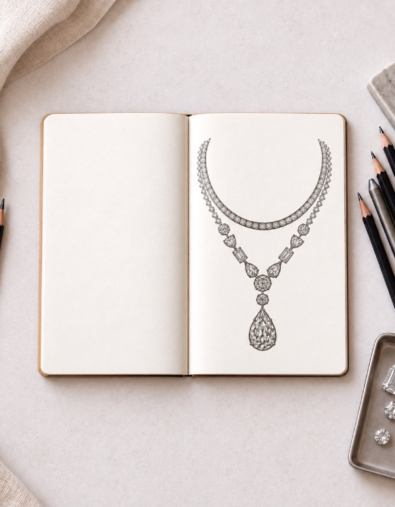 Pencil sketch of a layered diamond necklace with pear pendant in an open sketchbook