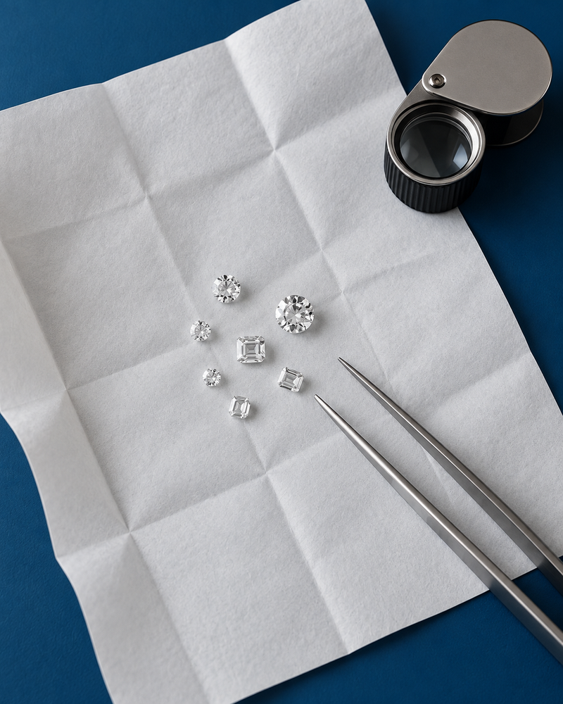 Loose diamonds on folded diamond paper beside tweezers and a jeweler's loupe