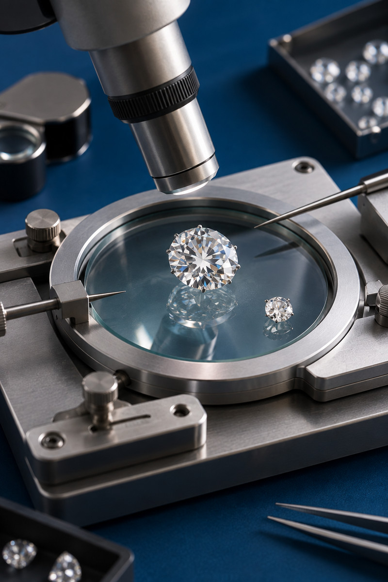 Diamond being examined under a gemological microscope with a loupe and tweezers
